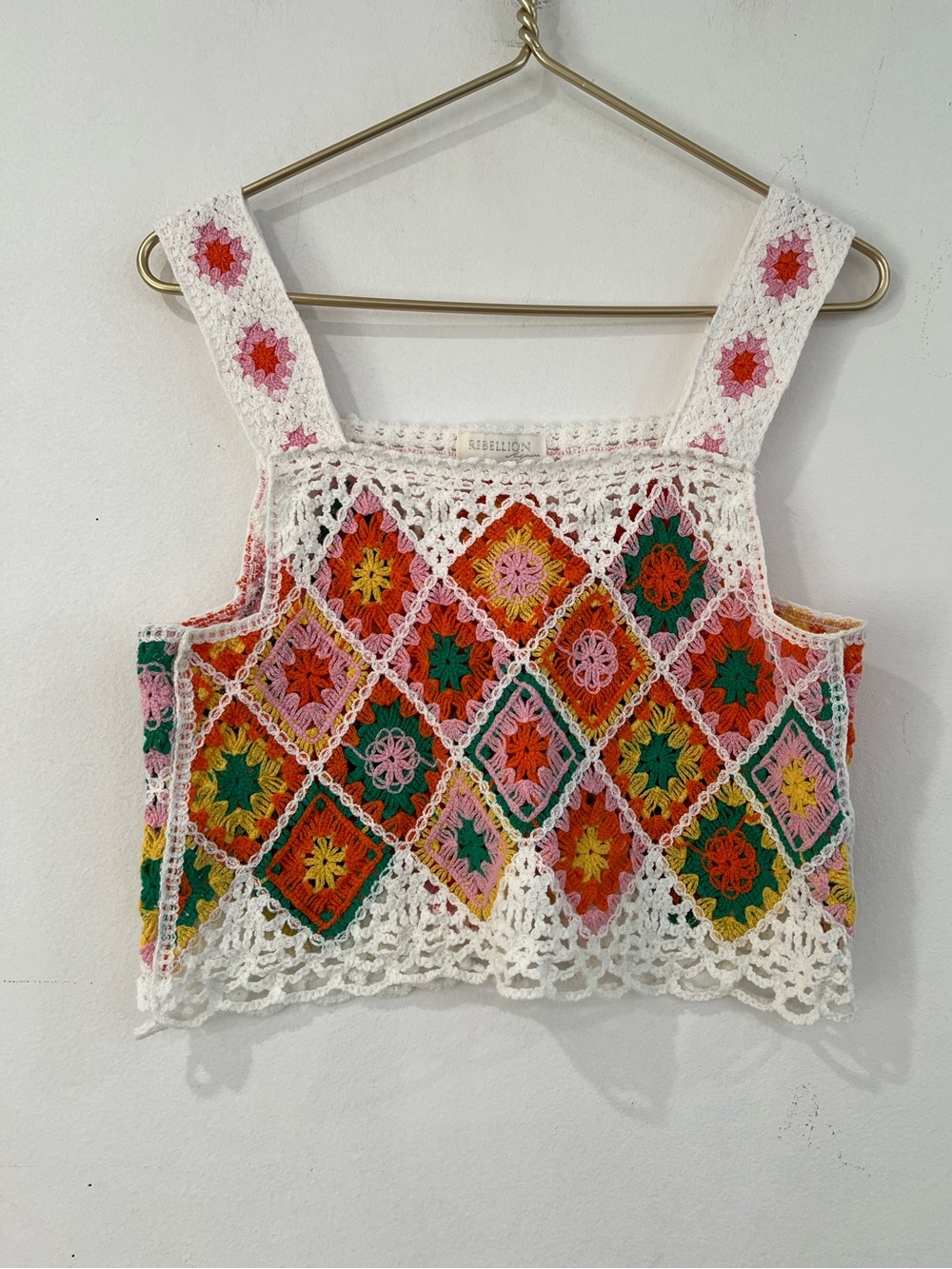 REBELLION White Crochet Floral Patchwork Crop Tank Top boho XL